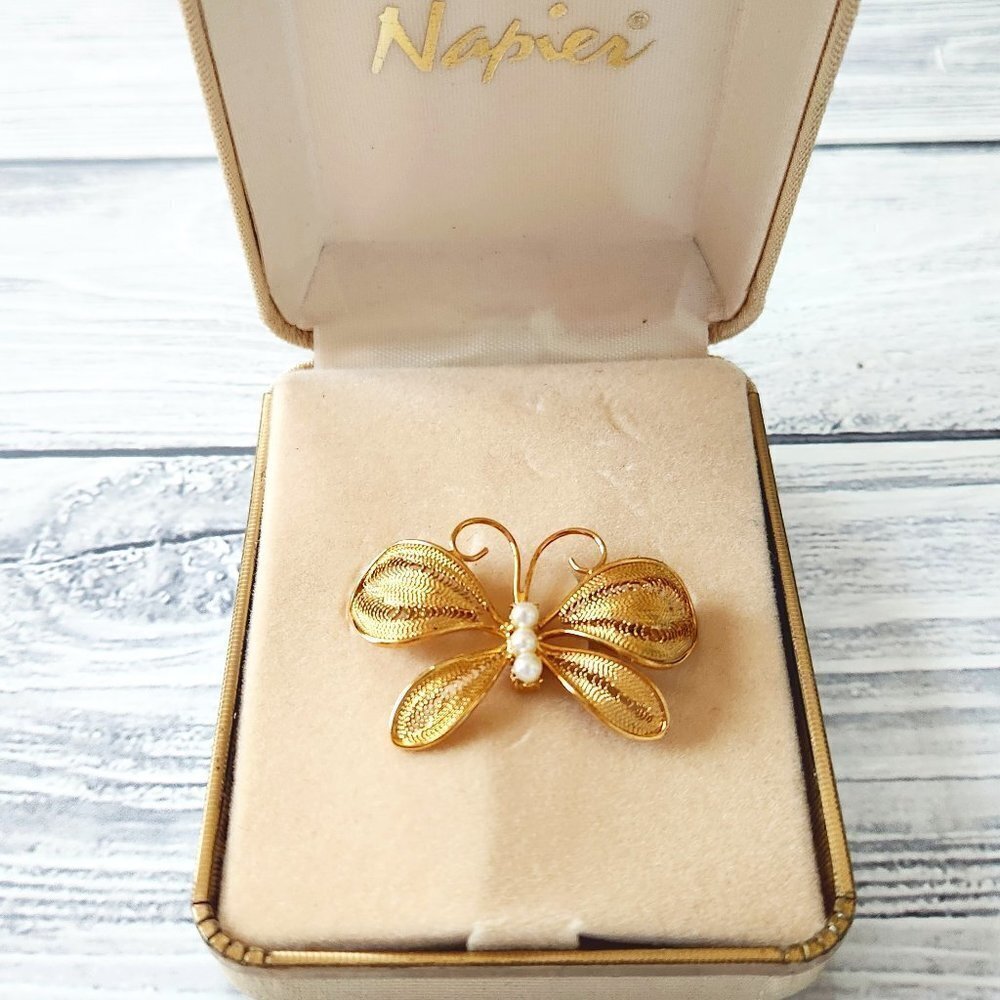 Vintage Napier Faux Pearl Gold Tone Filigree Butterfly 1960's Brooch